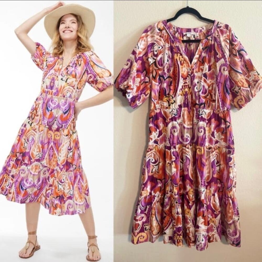 Chico’s 40th Anniversary Tiered Puff Sleeve Midi Dress Floral Paisley Size 12
